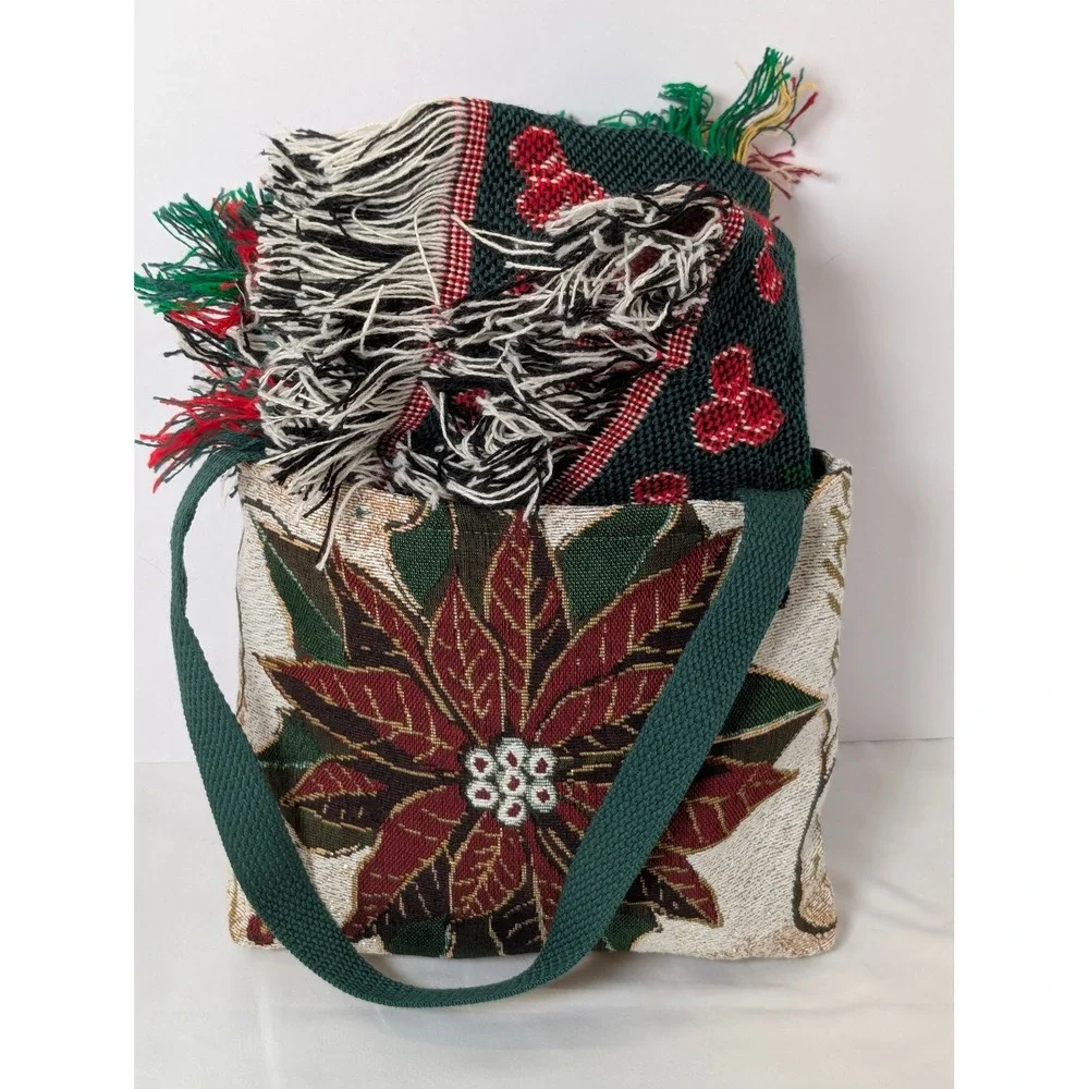 Vintage Christmas Holiday Poinsettia Tapestry Tote Bag & Blanket Fringe Acrylic